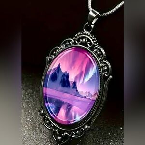 Aurora Landscape Pattern Black Frame Glass Necklace Romantic Gift Jewelry
